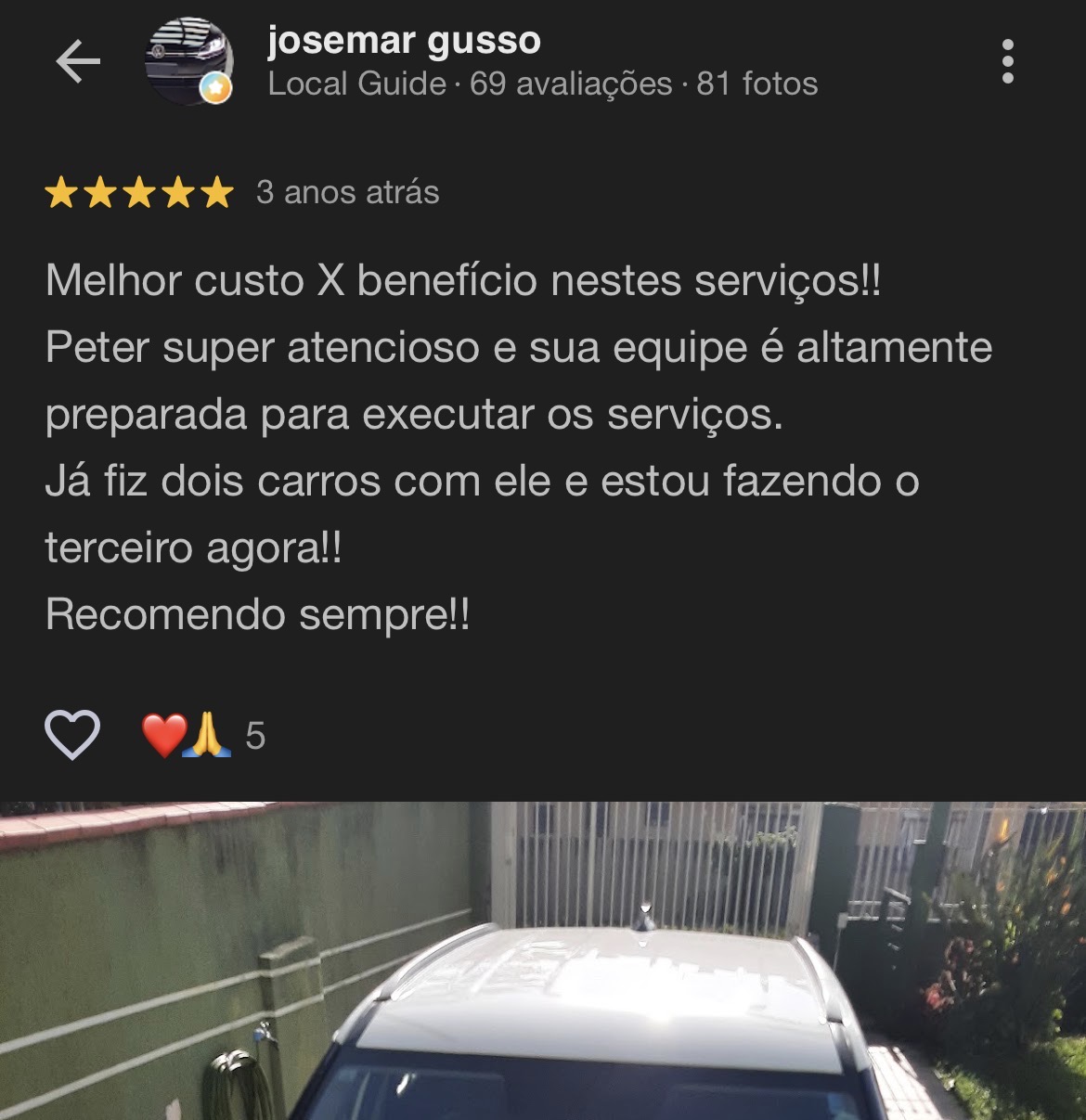 Avaliação 5 estrelas no Google de Josemar Gusso